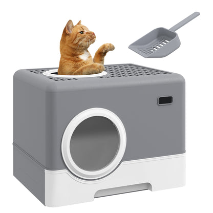 Cat Litter Box with Lid, Scoop, 2 Exits, Toilet for Cats Up to 4 kg, Plastic, Gray, 52 x 41 x 38.5 cm