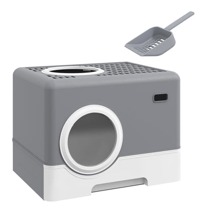 Cat Litter Box with Lid, Scoop, 2 Exits, Toilet for Cats Up to 4 kg, Plastic, Gray, 52 x 41 x 38.5 cm