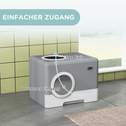 Cat Litter Box with Lid, Scoop, 2 Exits, Toilet for Cats Up to 4 kg, Plastic, Gray, 52 x 41 x 38.5 cm