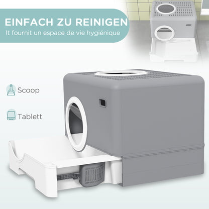 Cat Litter Box with Lid, Scoop, 2 Exits, Toilet for Cats Up to 4 kg, Plastic, Gray, 52 x 41 x 38.5 cm