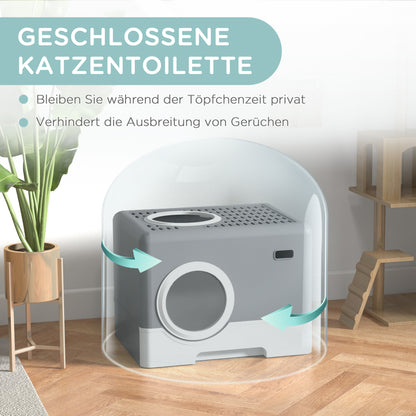 Cat Litter Box with Lid, Scoop, 2 Exits, Toilet for Cats Up to 4 kg, Plastic, Gray, 52 x 41 x 38.5 cm