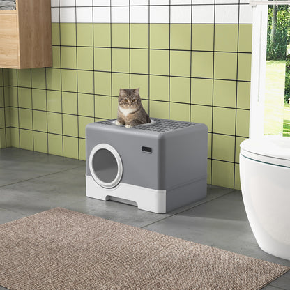 Cat Litter Box with Lid, Scoop, 2 Exits, Toilet for Cats Up to 4 kg, Plastic, Gray, 52 x 41 x 38.5 cm