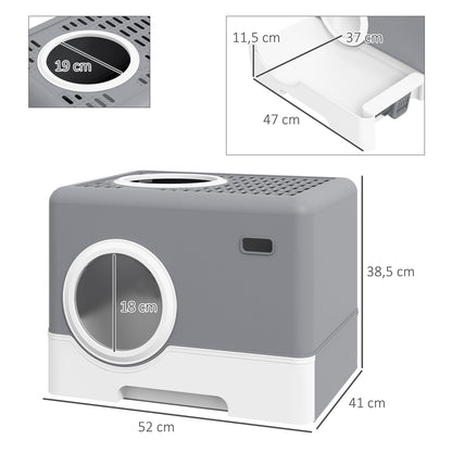 Cat Litter Box with Lid, Scoop, 2 Exits, Toilet for Cats Up to 4 kg, Plastic, Gray, 52 x 41 x 38.5 cm