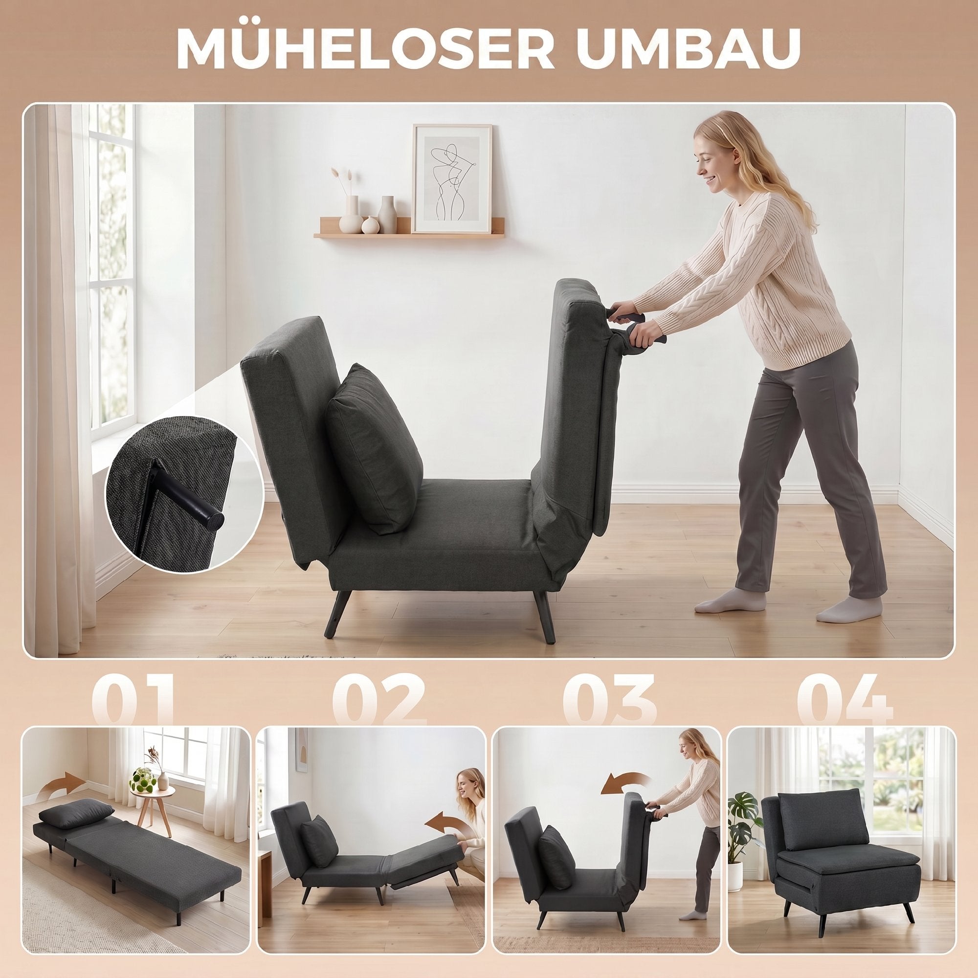 3-in-1 Sleeper Chair with Bed Function, Foldable Recliner with Adjustable Backrest, Lumbar Pillow, Linen-Look Sofa Bed for Living Room or Bedroom, Dark Gray