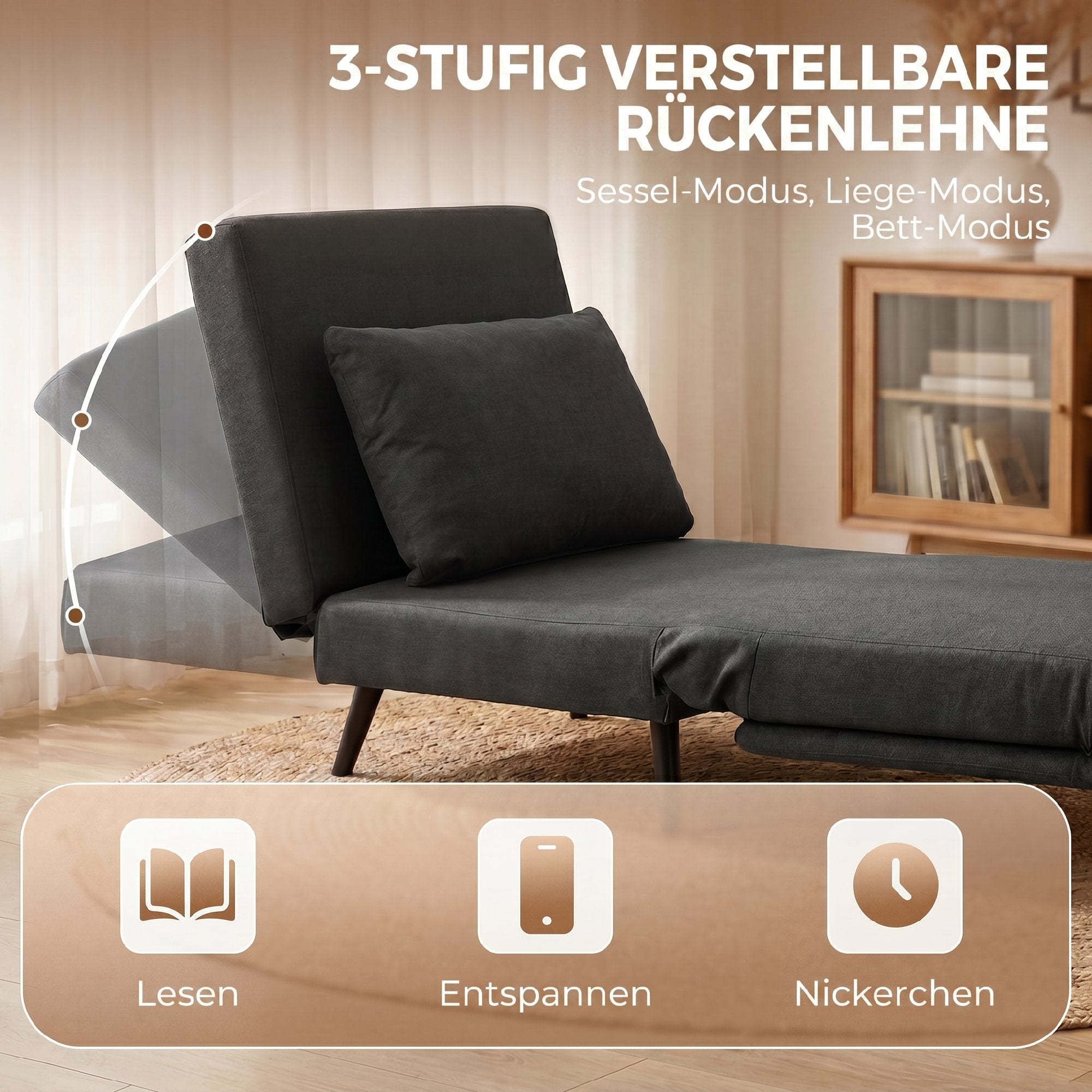 3-in-1 Sleeper Chair with Bed Function, Foldable Recliner with Adjustable Backrest, Lumbar Pillow, Linen-Look Sofa Bed for Living Room or Bedroom, Dark Gray