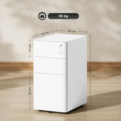 Mobile Filing Cabinet with 3 Drawers, Lockable Office Cabinet Slim with Pre-Assembled Body Excluding Wheels for A4, Legal, Letter, Steel, 30 x 45 x 59 cm White