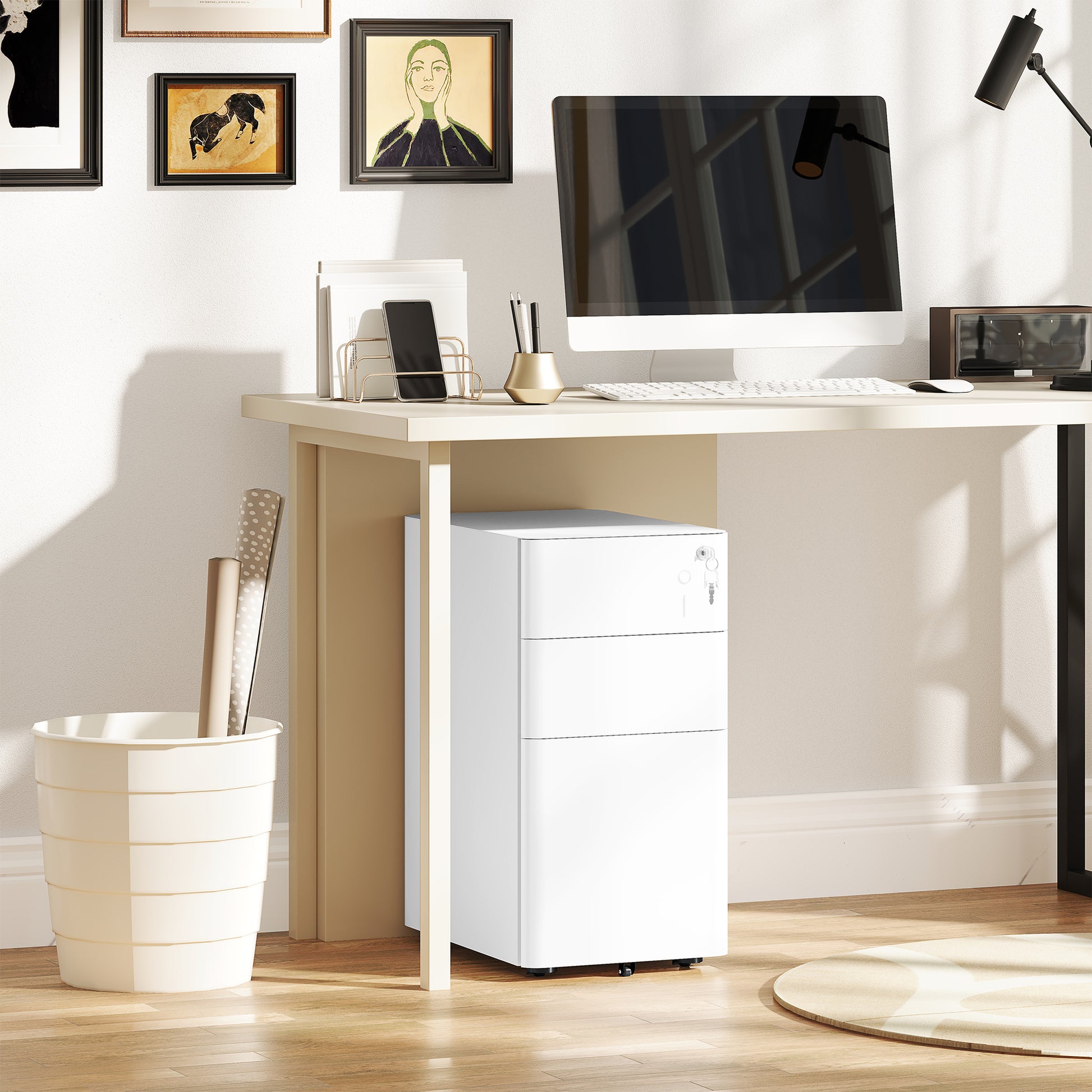 Mobile Filing Cabinet with 3 Drawers, Lockable Office Cabinet Slim with Pre-Assembled Body Excluding Wheels for A4, Legal, Letter, Steel, 30 x 45 x 59 cm White