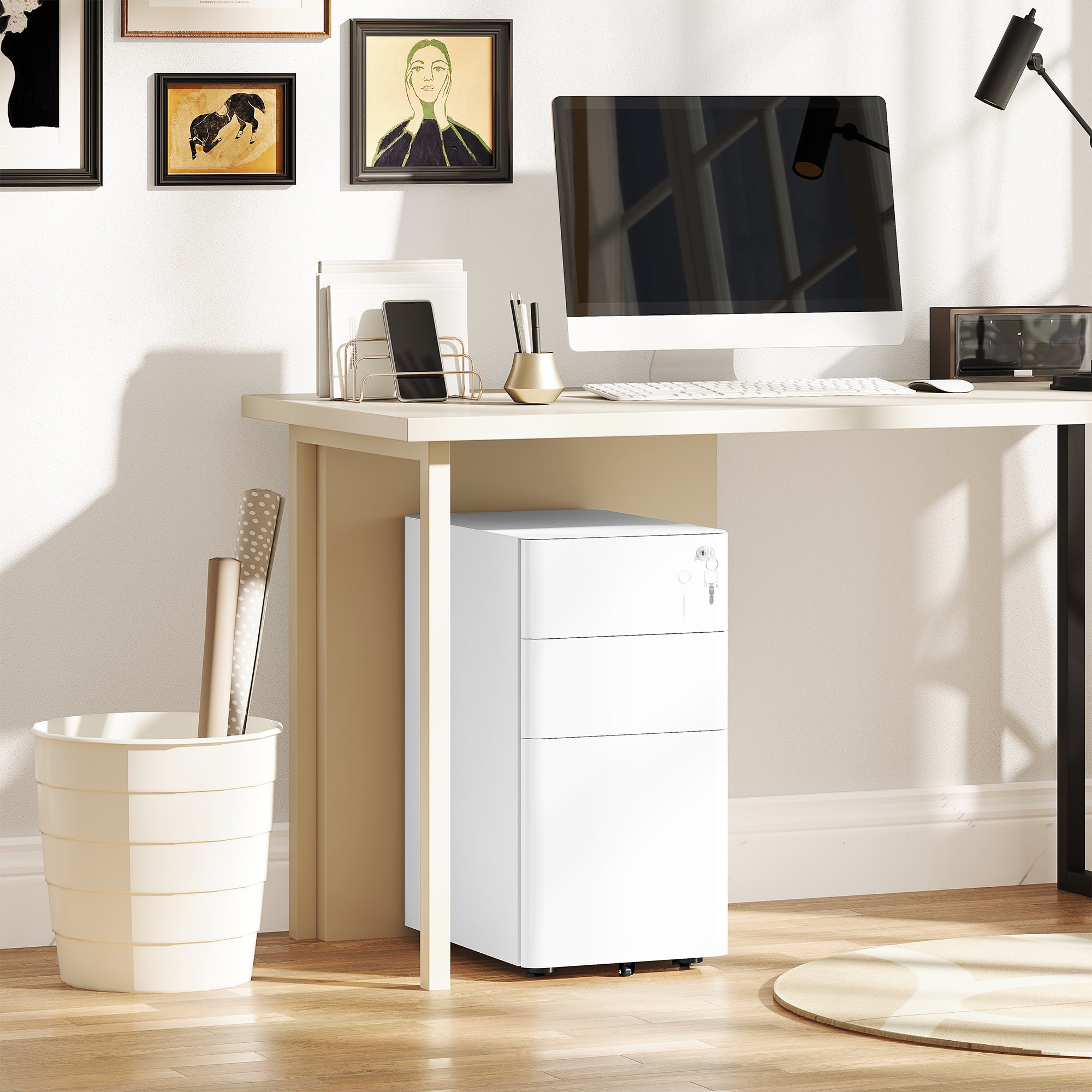 Mobile Filing Cabinet with 3 Drawers, Lockable Office Cabinet Slim with Pre-Assembled Body Excluding Wheels for A4, Legal, Letter, Steel, 30 x 45 x 59 cm White