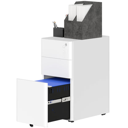 Mobile Filing Cabinet with 3 Drawers, Lockable Office Cabinet Slim with Pre-Assembled Body Excluding Wheels for A4, Legal, Letter, Steel, 30 x 45 x 59 cm White
