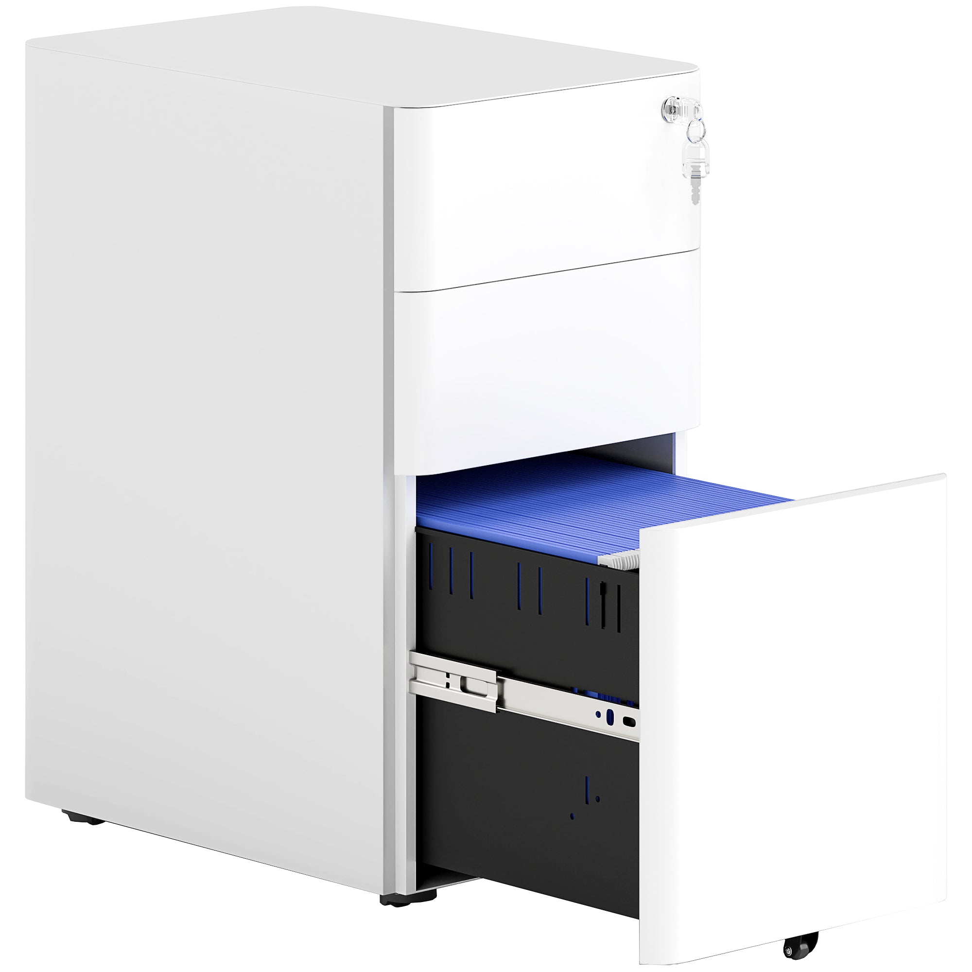 Mobile Filing Cabinet with 3 Drawers, Lockable Office Cabinet Slim with Pre-Assembled Body Excluding Wheels for A4, Legal, Letter, Steel, 30 x 45 x 59 cm White