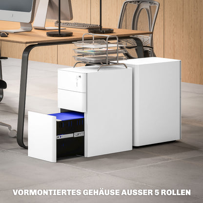 Mobile Filing Cabinet with 3 Drawers, Lockable Office Cabinet Slim with Pre-Assembled Body Excluding Wheels for A4, Legal, Letter, Steel, 30 x 45 x 59 cm White