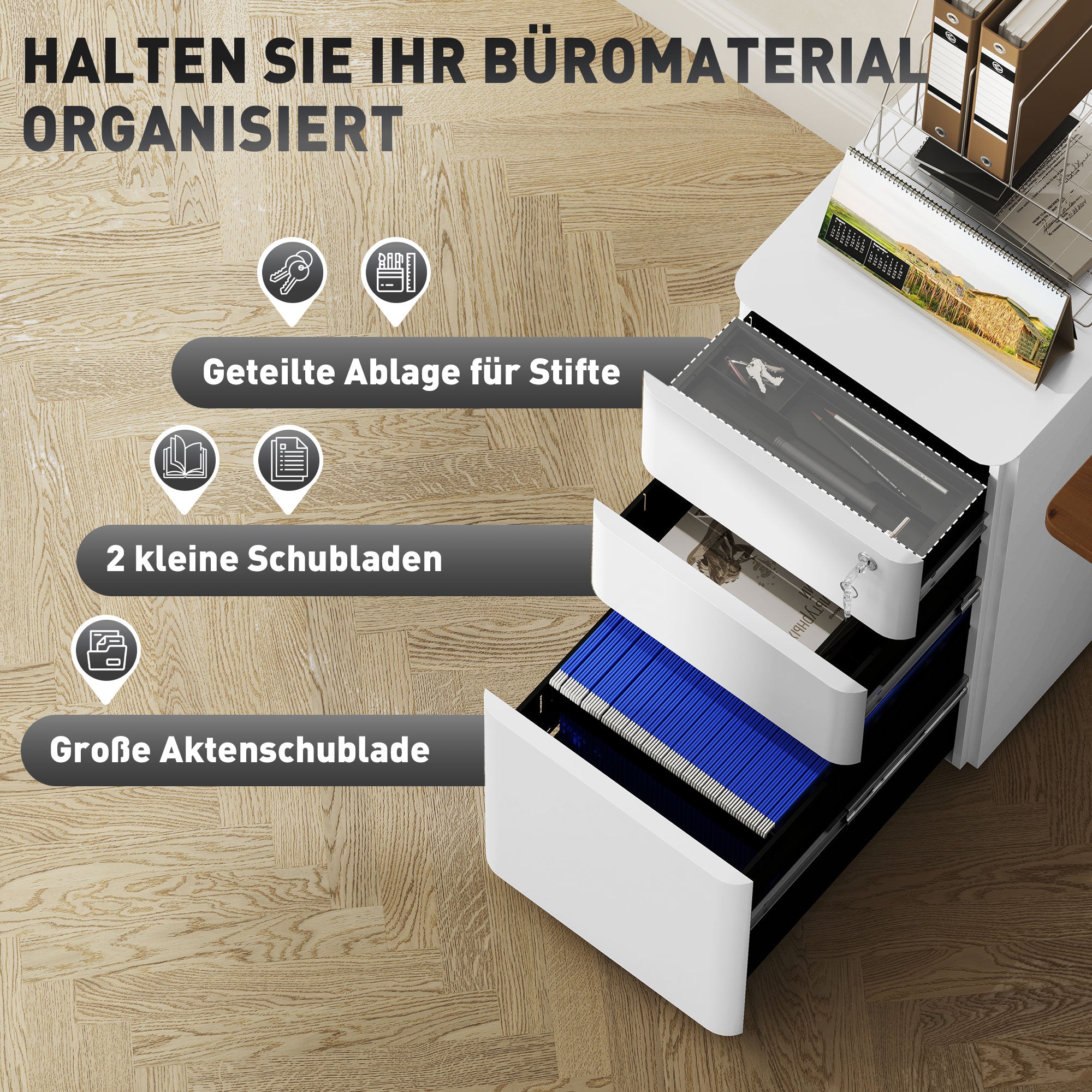 Mobile Filing Cabinet with 3 Drawers, Lockable Office Cabinet Slim with Pre-Assembled Body Excluding Wheels for A4, Legal, Letter, Steel, 30 x 45 x 59 cm White