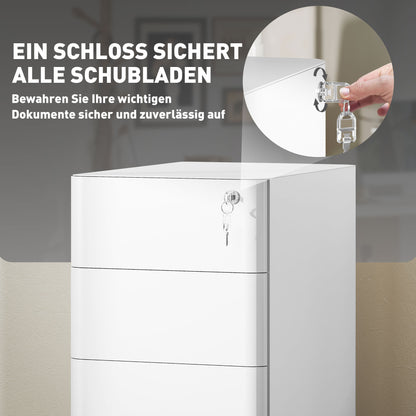 Mobile Filing Cabinet with 3 Drawers, Lockable Office Cabinet Slim with Pre-Assembled Body Excluding Wheels for A4, Legal, Letter, Steel, 30 x 45 x 59 cm White