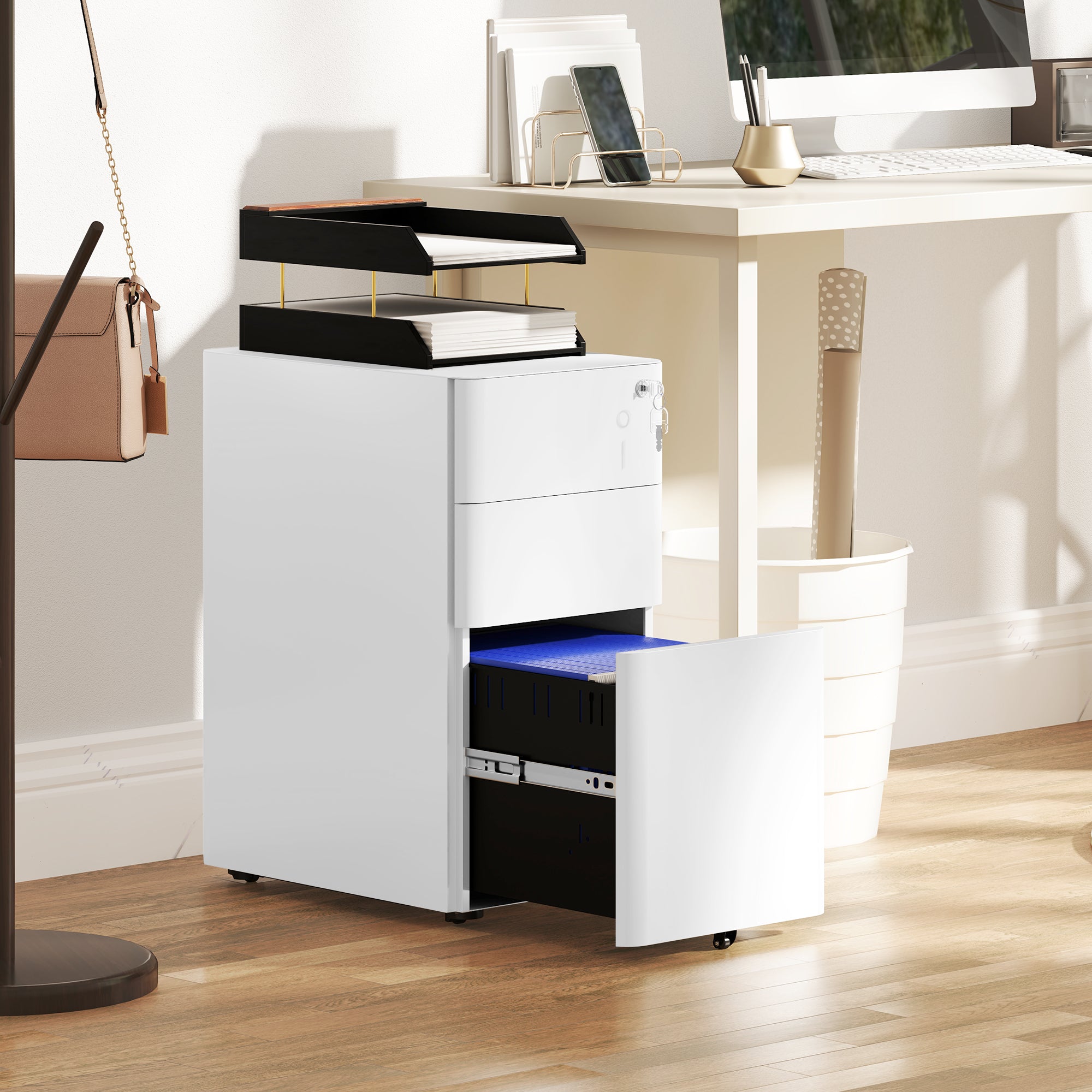 Mobile Filing Cabinet with 3 Drawers, Lockable Office Cabinet Slim with Pre-Assembled Body Excluding Wheels for A4, Legal, Letter, Steel, 30 x 45 x 59 cm White