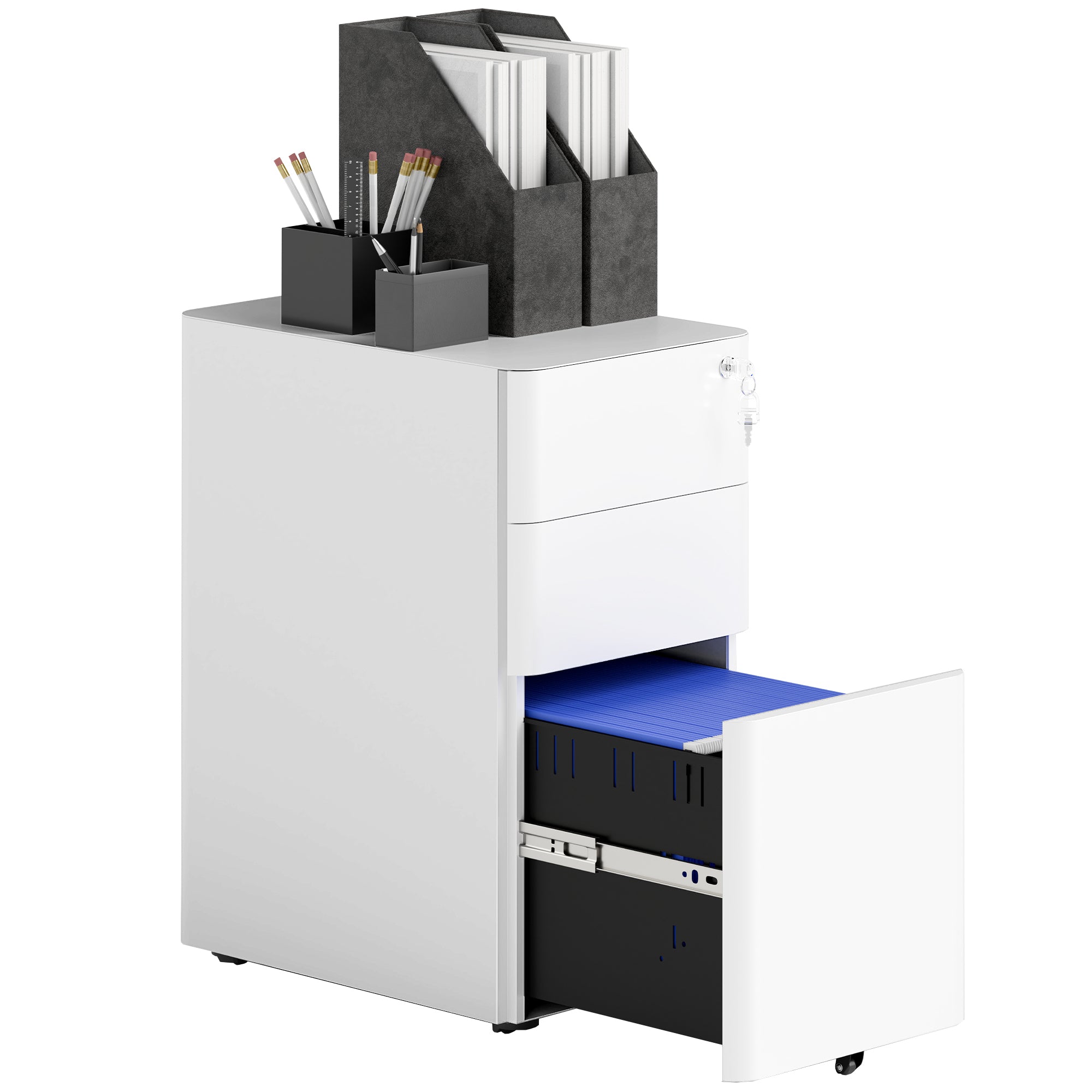 Mobile Filing Cabinet with 3 Drawers, Lockable Office Cabinet Slim with Pre-Assembled Body Excluding Wheels for A4, Legal, Letter, Steel, 30 x 45 x 59 cm White