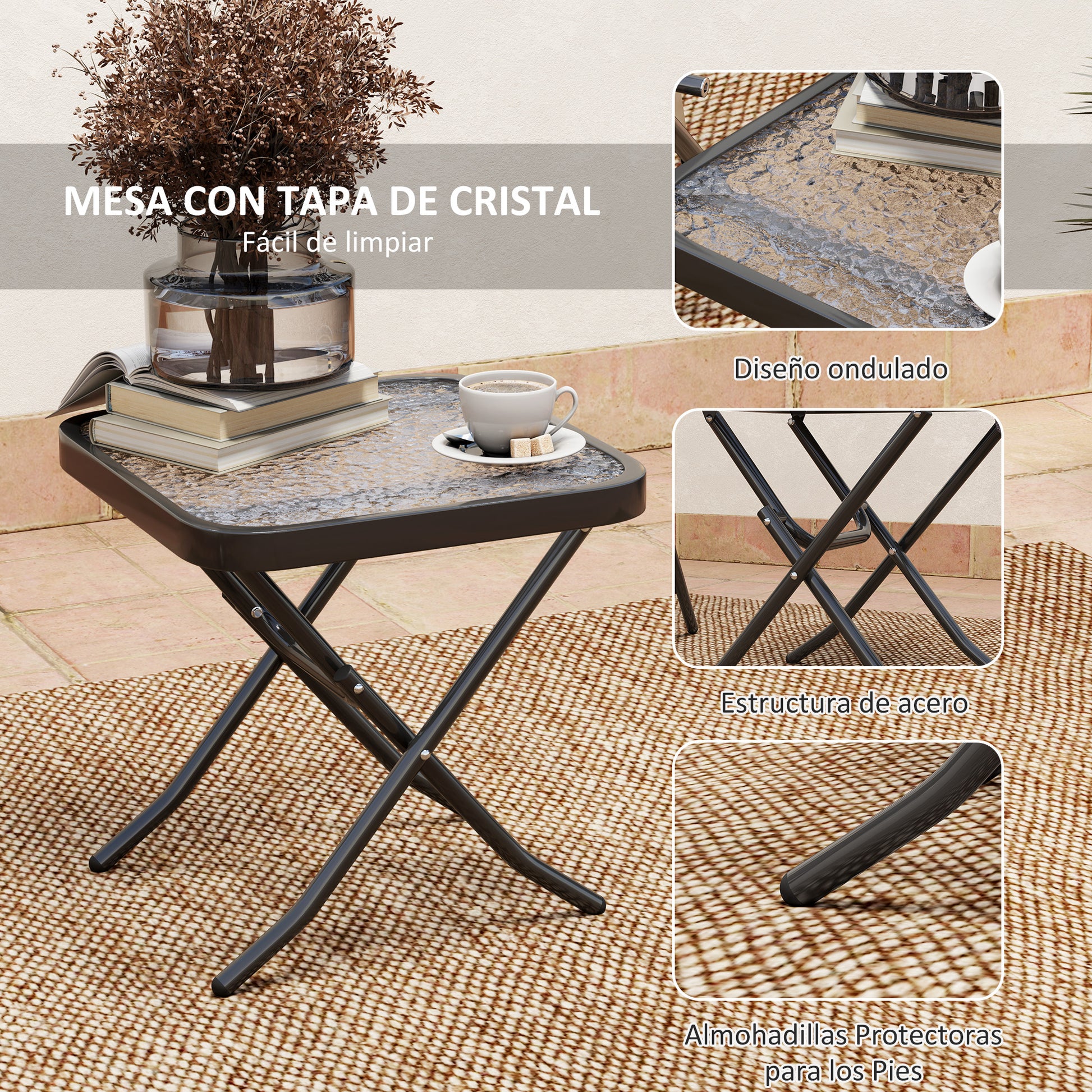 3-Piece Outdoor Patio Table and Chairs Set Garden Furniture Foldable Patio Furniture with Adjustable Backrest Glass Tabletop and Black Steel Frame