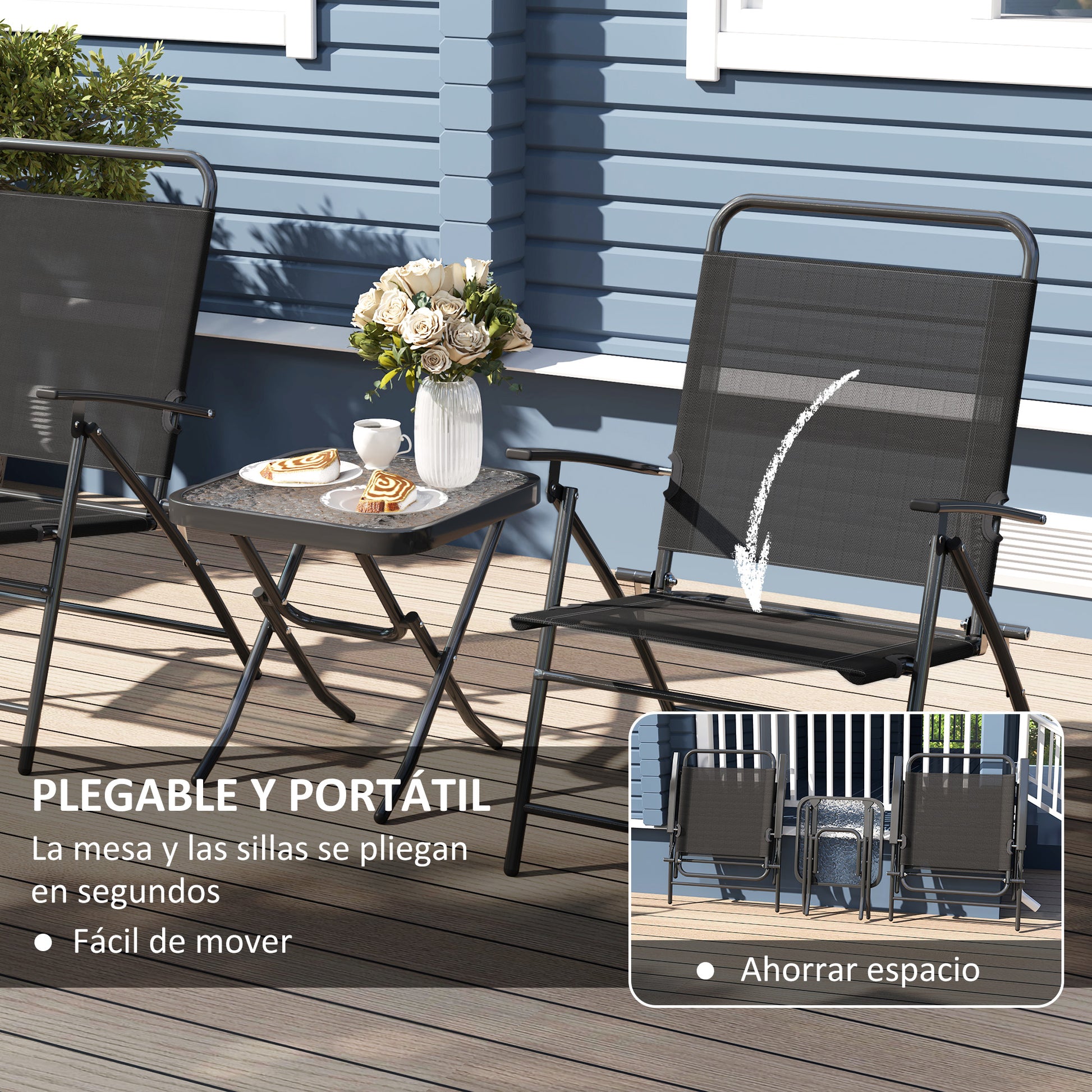 3-Piece Outdoor Patio Table and Chairs Set Garden Furniture Foldable Patio Furniture with Adjustable Backrest Glass Tabletop and Black Steel Frame