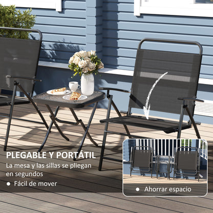 3-Piece Outdoor Patio Table and Chairs Set Garden Furniture Foldable Patio Furniture with Adjustable Backrest Glass Tabletop and Black Steel Frame