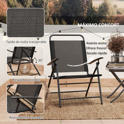 3-Piece Outdoor Patio Table and Chairs Set Garden Furniture Foldable Patio Furniture with Adjustable Backrest Glass Tabletop and Black Steel Frame