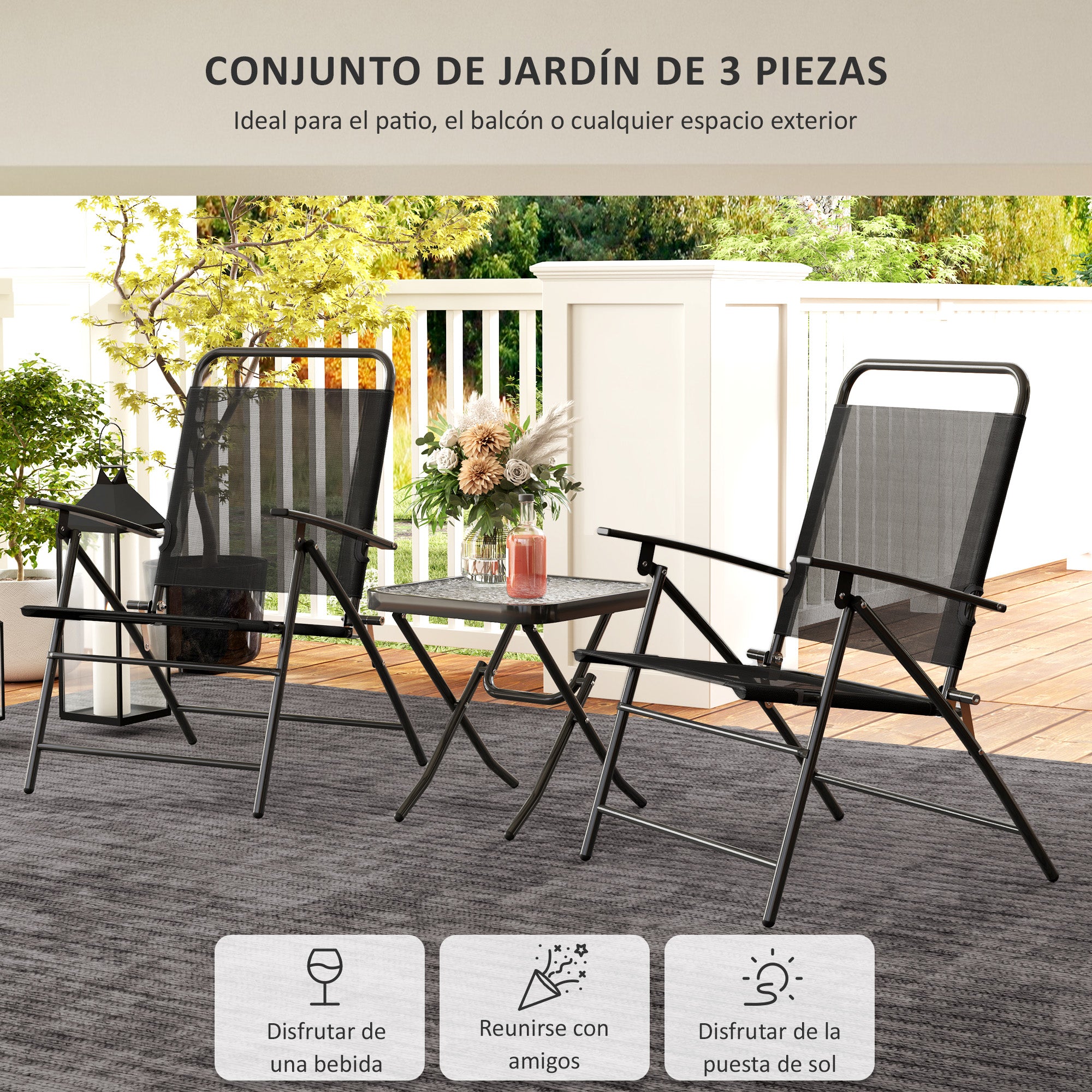 3-Piece Outdoor Patio Table and Chairs Set Garden Furniture Foldable Patio Furniture with Adjustable Backrest Glass Tabletop and Black Steel Frame