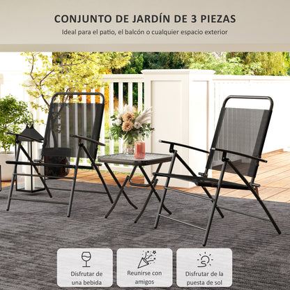 3-Piece Outdoor Patio Table and Chairs Set Garden Furniture Foldable Patio Furniture with Adjustable Backrest Glass Tabletop and Black Steel Frame