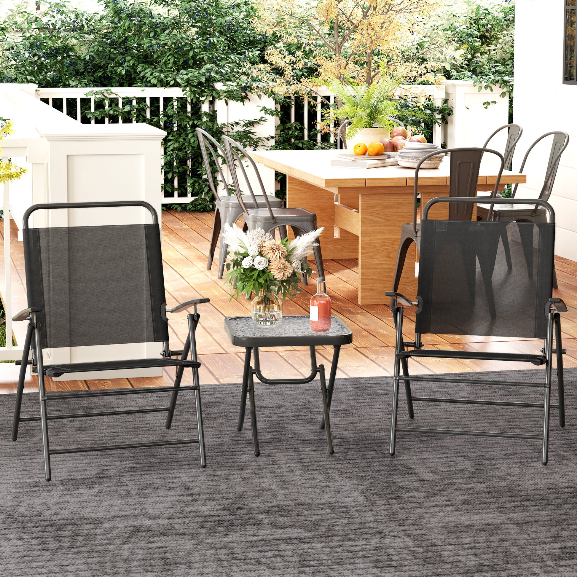 3-Piece Outdoor Patio Table and Chairs Set Garden Furniture Foldable Patio Furniture with Adjustable Backrest Glass Tabletop and Black Steel Frame