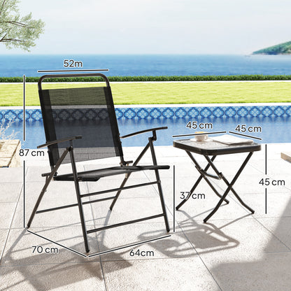 3-Piece Outdoor Patio Table and Chairs Set Garden Furniture Foldable Patio Furniture with Adjustable Backrest Glass Tabletop and Black Steel Frame