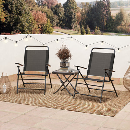 3-Piece Outdoor Patio Table and Chairs Set Garden Furniture Foldable Patio Furniture with Adjustable Backrest Glass Tabletop and Black Steel Frame