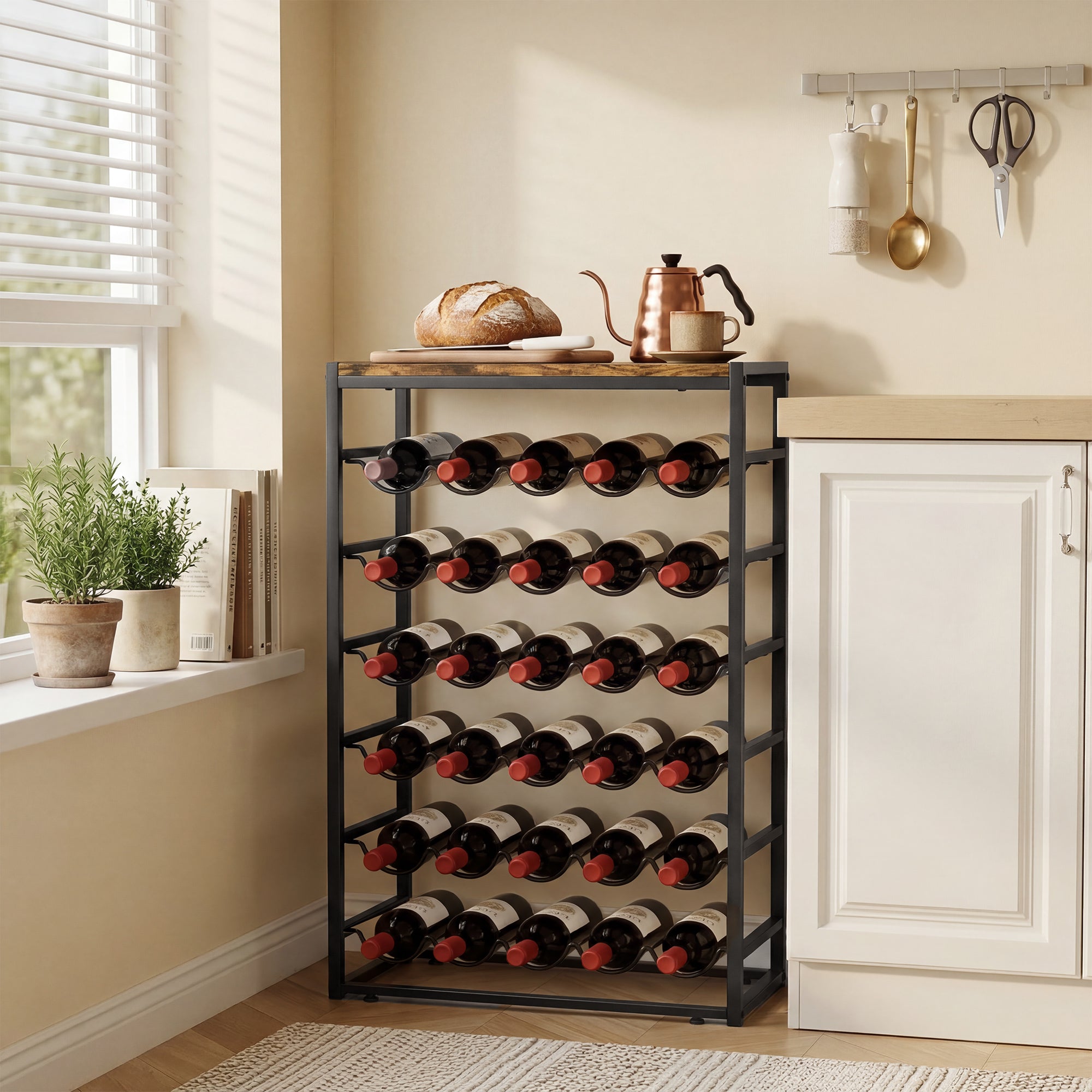 30-Bottle Wine Rack, 6-Tier Wood-Effect Top, Industrial Metal Shelf for Cellar, Bar, Basement — 23.2 x 11.8 x 34.8 in (59 x 30 x 88.5 cm), Rustic Brown