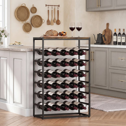 30-Bottle Wine Rack, 6-Tier Wood-Effect Top, Industrial Metal Shelf for Cellar, Bar, Basement — 23.2 x 11.8 x 34.8 in (59 x 30 x 88.5 cm), Rustic Brown