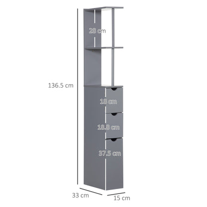 Modern Bathroom Auxiliary Column Bathroom Cabinet with 2 Shelves, 2 Drawers, and 1 Anti-Tip Door 15x33x136.5 cm Gray