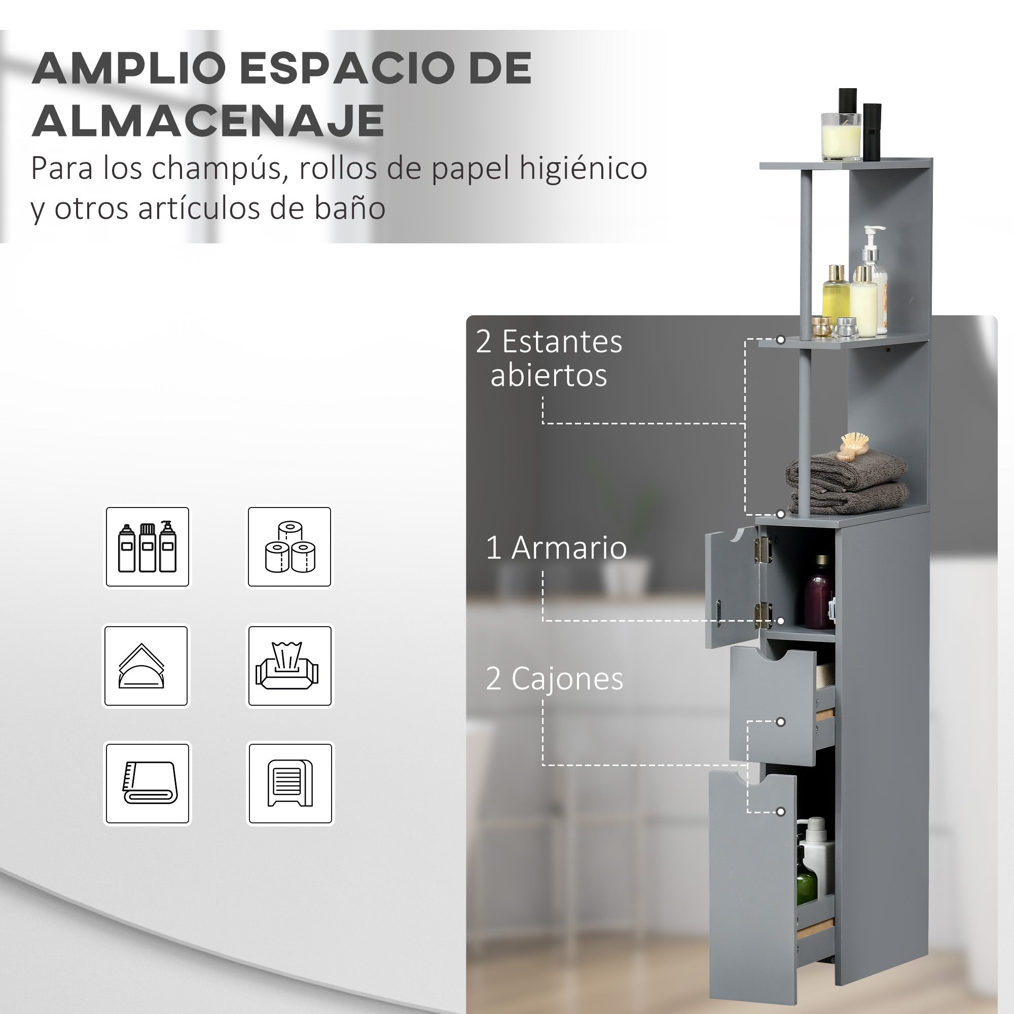 Modern Bathroom Auxiliary Column Bathroom Cabinet with 2 Shelves, 2 Drawers, and 1 Anti-Tip Door 15x33x136.5 cm Gray