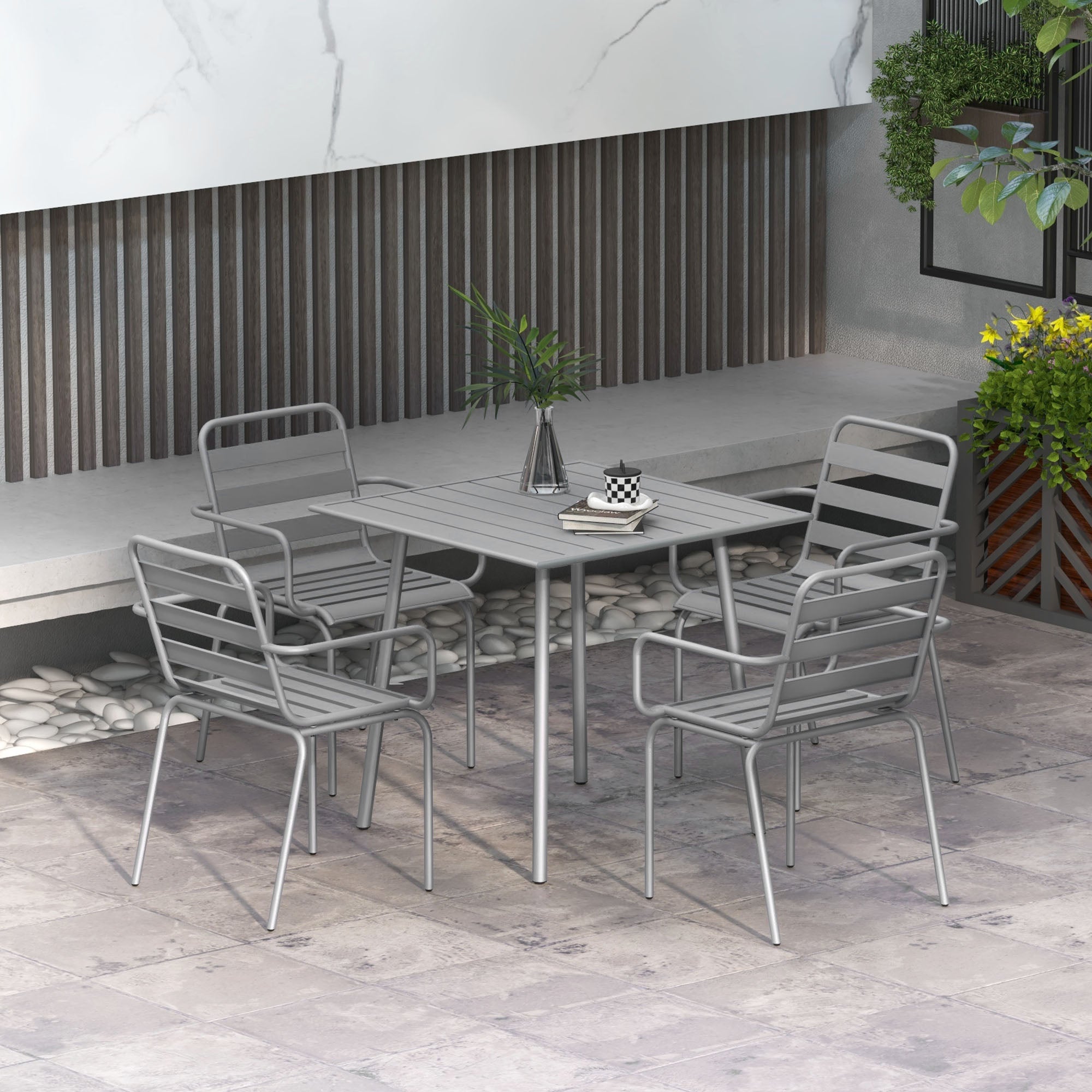 5 pcs. Seating group, garden furniture set with 1 dining table, 4 stackable chairs, seating set patio furniture set, for balcony, terrace, steel, light grey