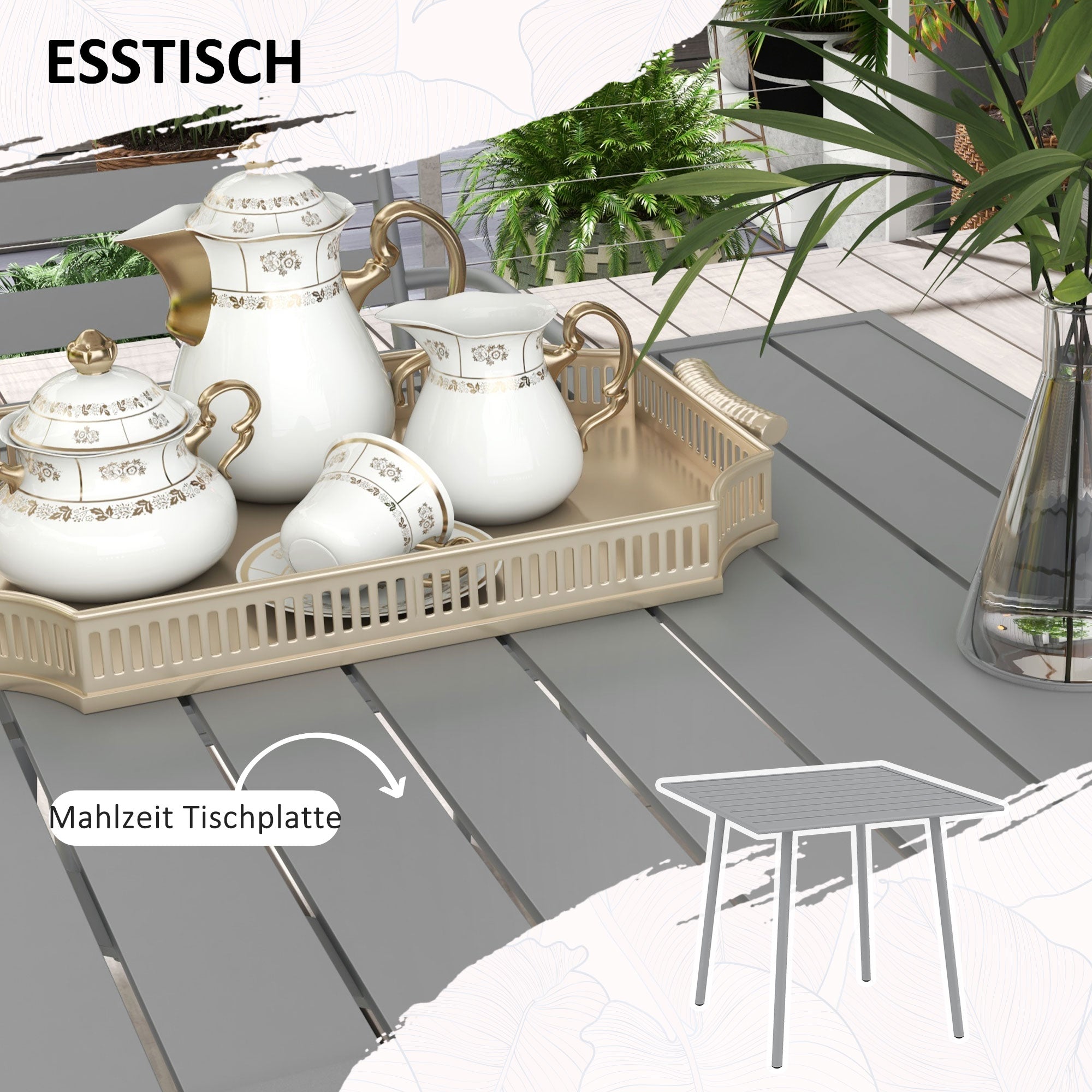 5 pcs. Seating group, garden furniture set with 1 dining table, 4 stackable chairs, seating set patio furniture set, for balcony, terrace, steel, light grey