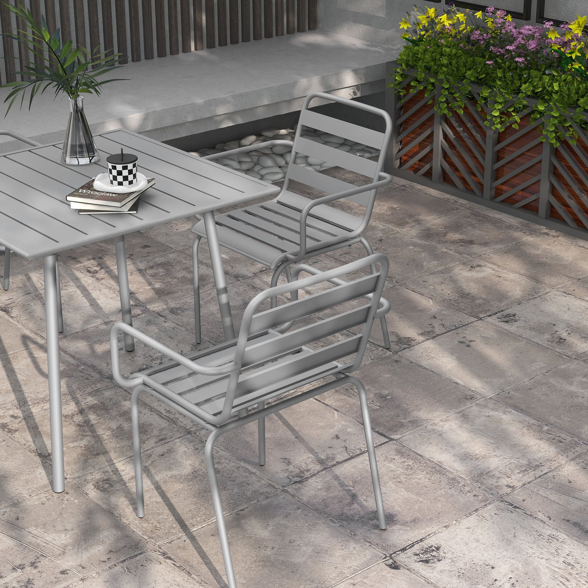 5 pcs. Seating group, garden furniture set with 1 dining table, 4 stackable chairs, seating set patio furniture set, for balcony, terrace, steel, light grey