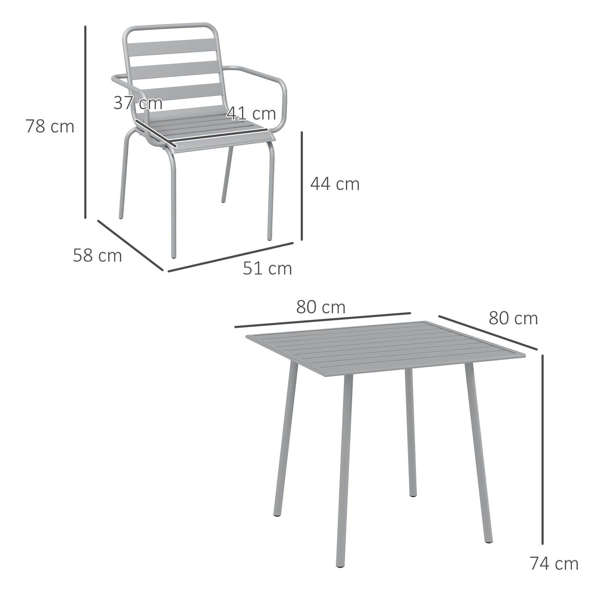 5 pcs. Seating group, garden furniture set with 1 dining table, 4 stackable chairs, seating set patio furniture set, for balcony, terrace, steel, light grey