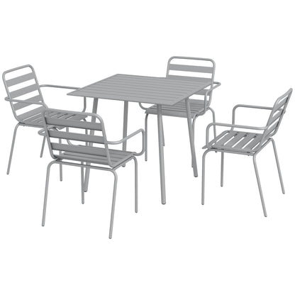 5 pcs. Seating group, garden furniture set with 1 dining table, 4 stackable chairs, seating set patio furniture set, for balcony, terrace, steel, light grey