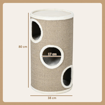 Scratching Barrel 70 cm High Ø 38 cm Three-Story Cat Barrel with Plush Edge, Cat Cave, Scratching Post for Small Cats, Brown