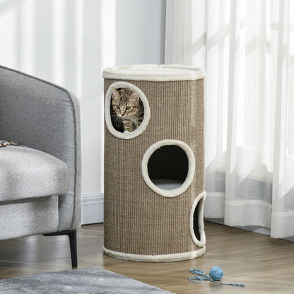 Scratching Barrel 70 cm High Ø 38 cm Three-Story Cat Barrel with Plush Edge, Cat Cave, Scratching Post for Small Cats, Brown