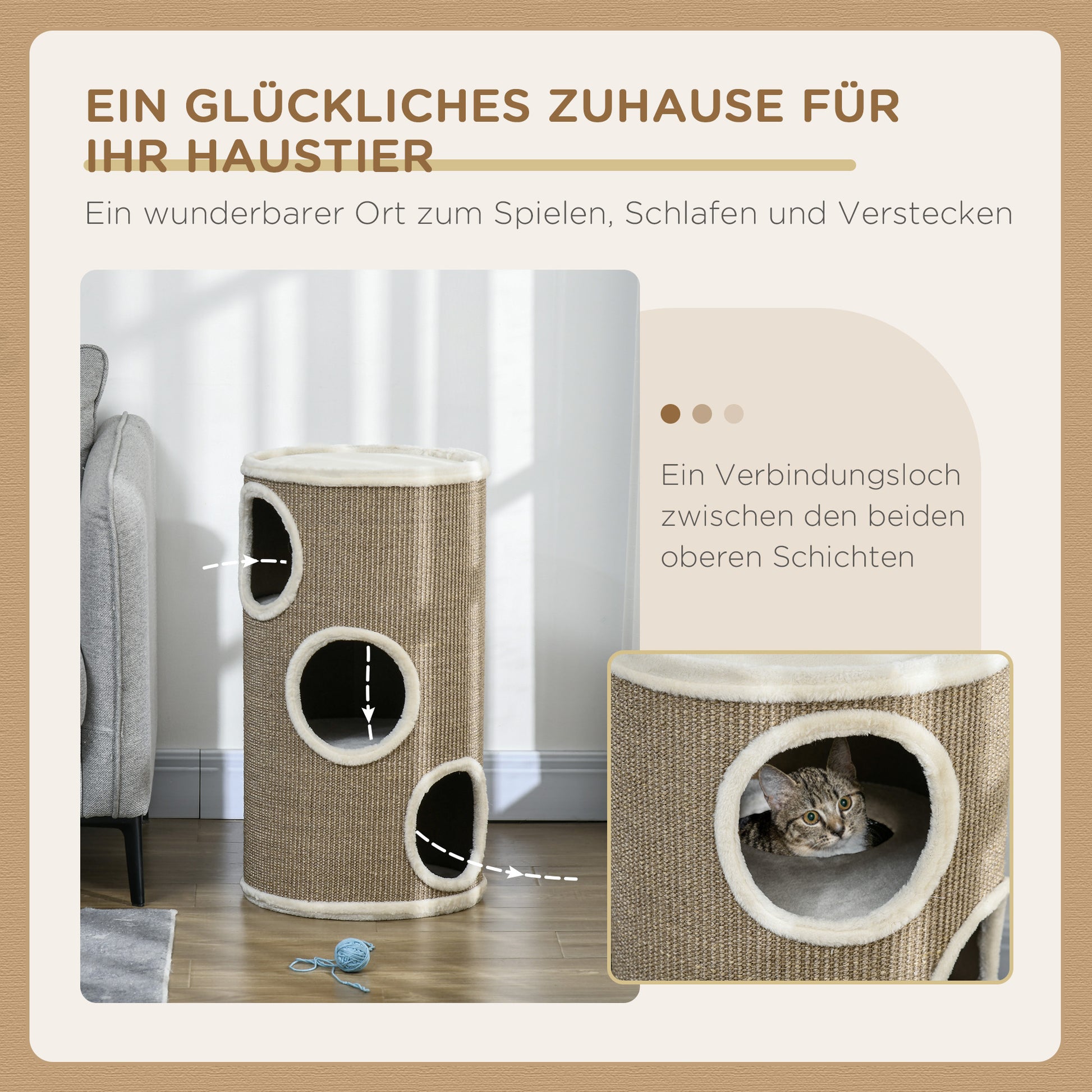 Scratching Barrel 70 cm High Ø 38 cm Three-Story Cat Barrel with Plush Edge, Cat Cave, Scratching Post for Small Cats, Brown