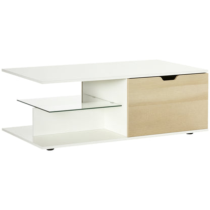 Contemporary Design Rectangular Coffee Table with 2 Drawers, 2 Shelves, Tempered Glass Shelf, White Oak-Look Panels 106 x 58 x 39 cm White