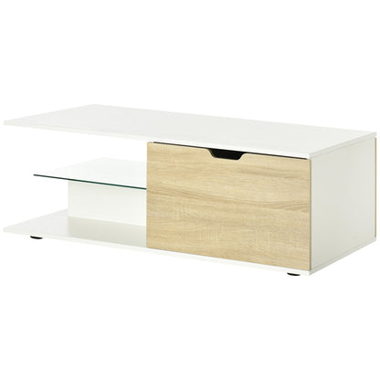 Contemporary Design Rectangular Coffee Table with 2 Drawers, 2 Shelves, Tempered Glass Shelf, White Oak-Look Panels 106 x 58 x 39 cm White