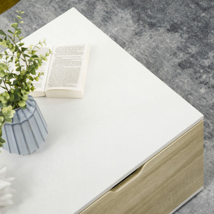 Contemporary Design Rectangular Coffee Table with 2 Drawers, 2 Shelves, Tempered Glass Shelf, White Oak-Look Panels 106 x 58 x 39 cm White