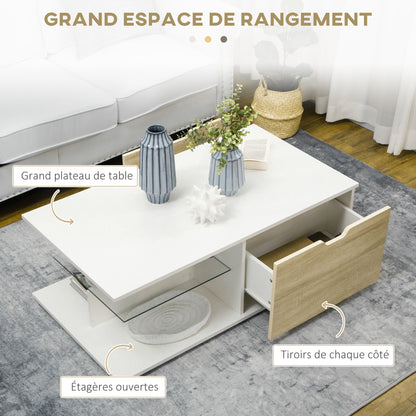 Contemporary Design Rectangular Coffee Table with 2 Drawers, 2 Shelves, Tempered Glass Shelf, White Oak-Look Panels 106 x 58 x 39 cm White