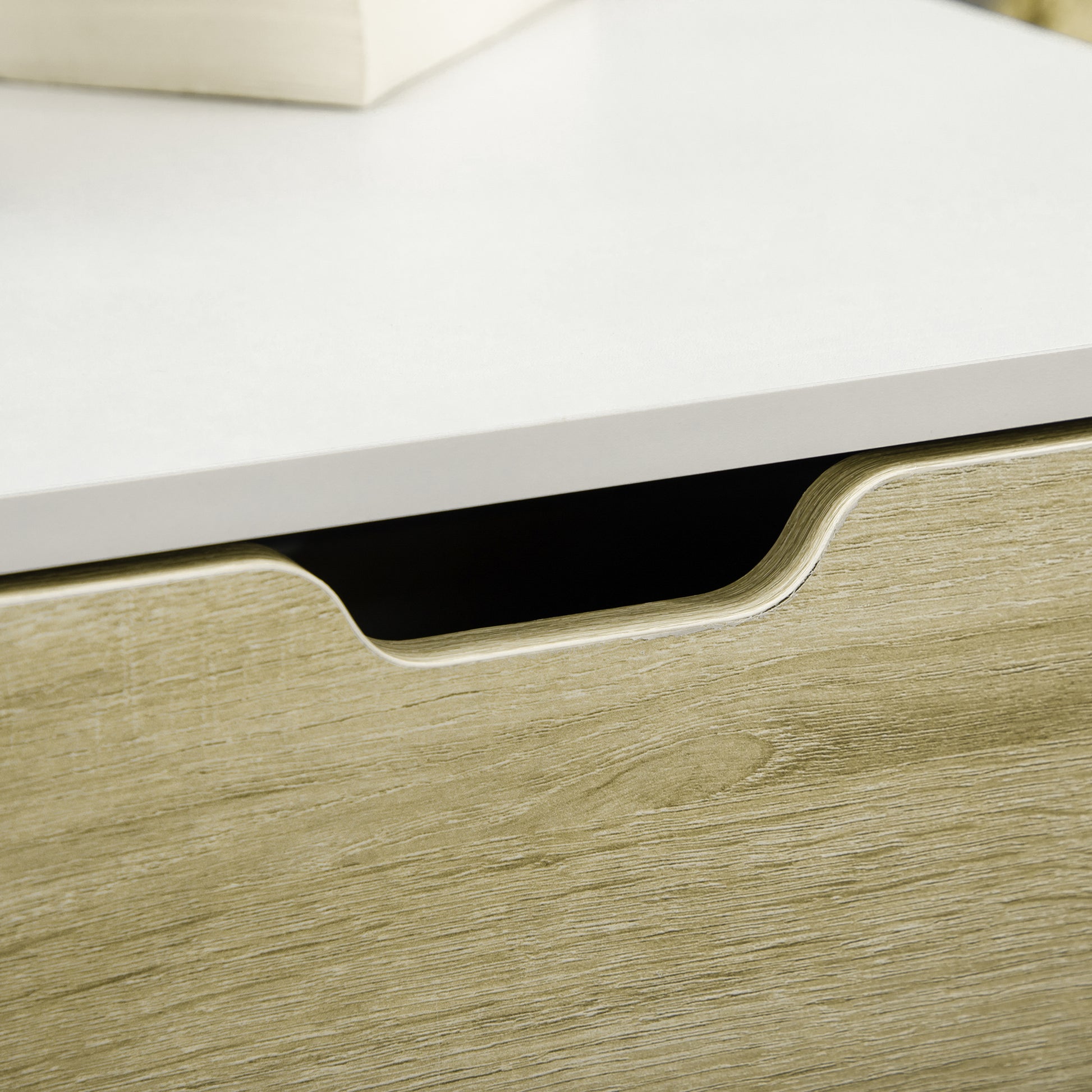 Contemporary Design Rectangular Coffee Table with 2 Drawers, 2 Shelves, Tempered Glass Shelf, White Oak-Look Panels 106 x 58 x 39 cm White