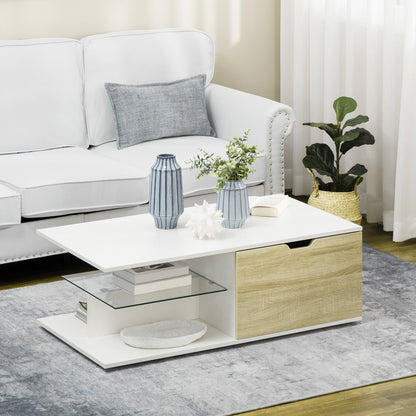 Contemporary Design Rectangular Coffee Table with 2 Drawers, 2 Shelves, Tempered Glass Shelf, White Oak-Look Panels 106 x 58 x 39 cm White