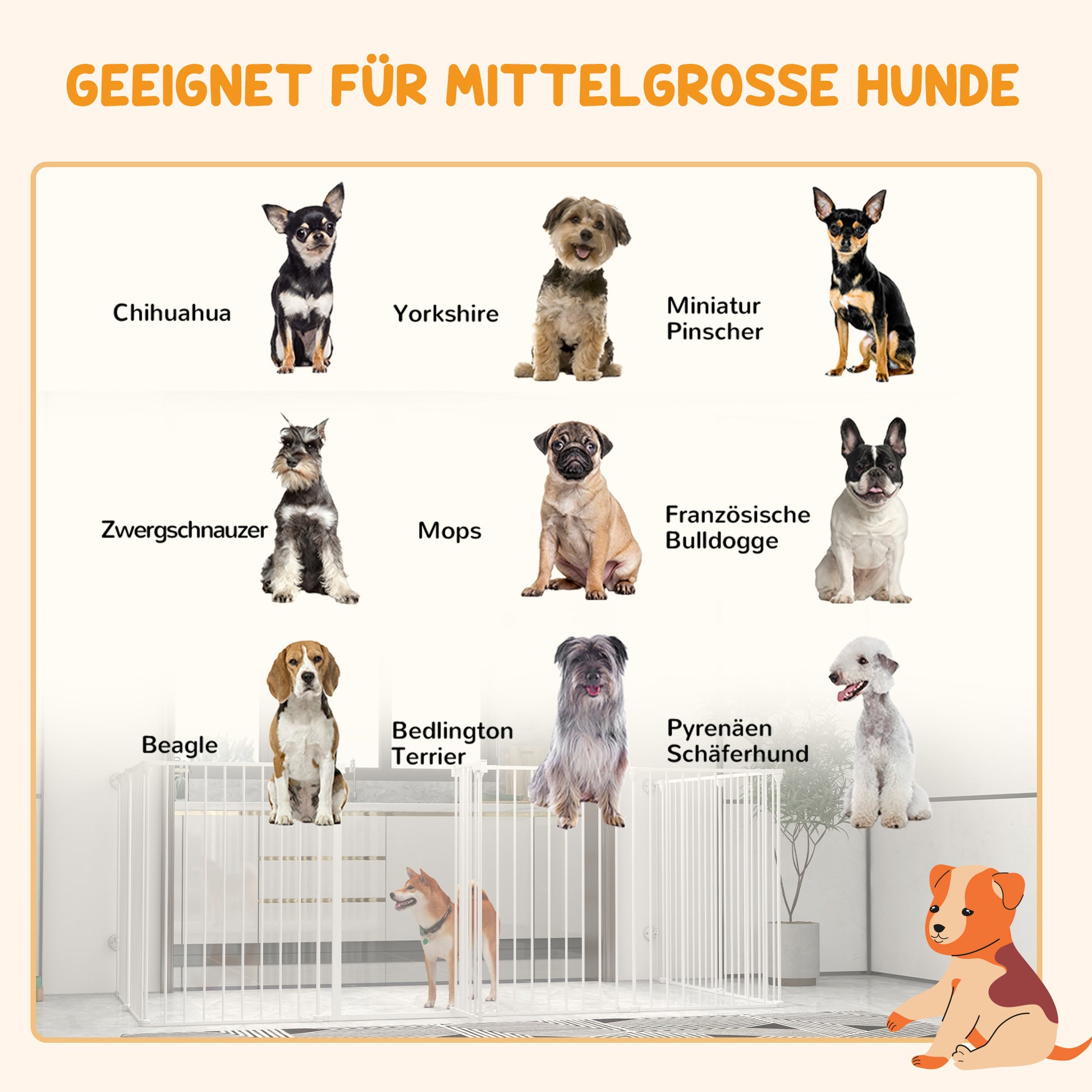 Foldable Puppy Playpen Pet Gate for Dogs, 90 cm High, Free-standing Enclosure with 8 Panels, Dog Safety Gate with Door, Flexible Fireplace Safety Gate for Dogs, Steel, White