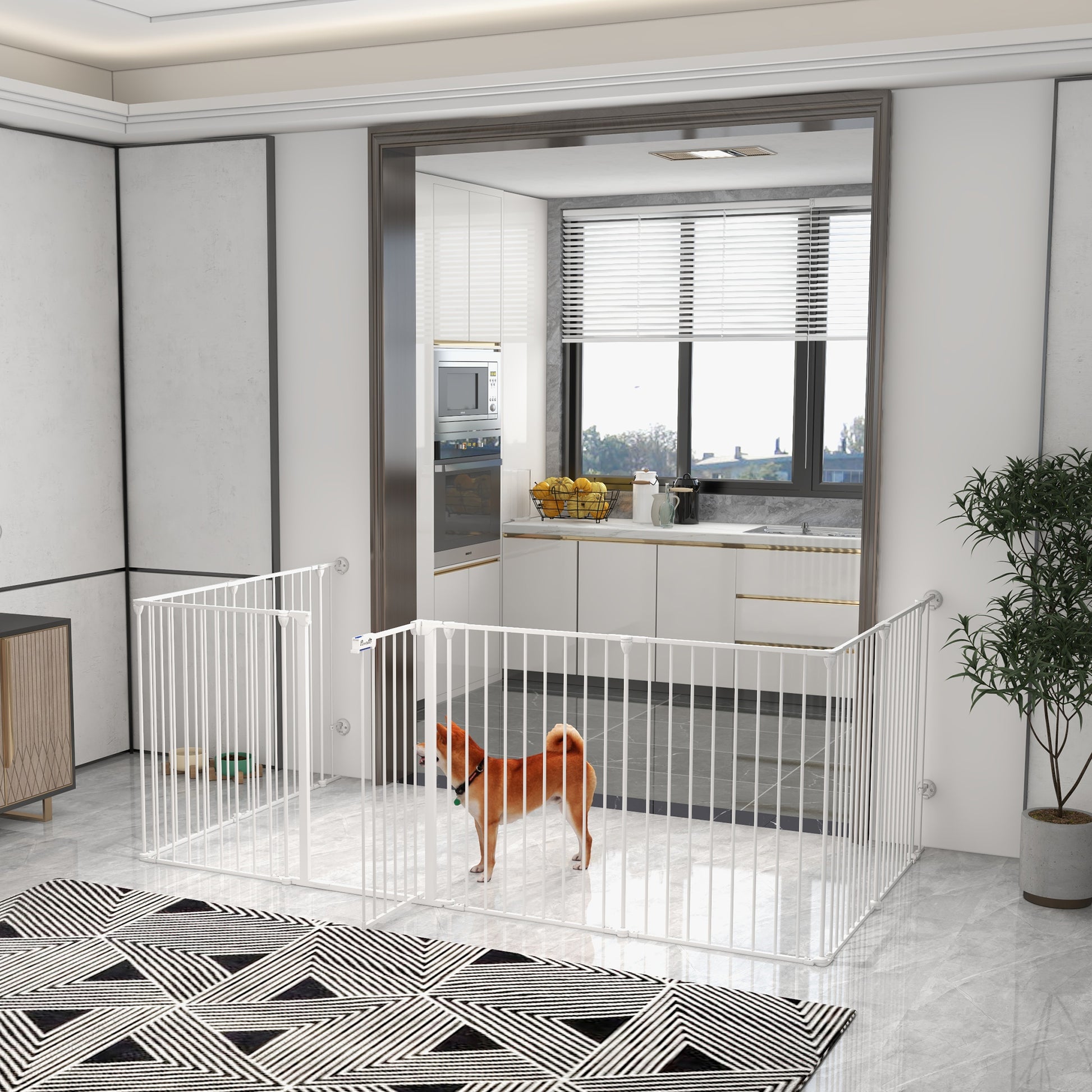 Foldable Puppy Playpen Pet Gate for Dogs, 90 cm High, Free-standing Enclosure with 8 Panels, Dog Safety Gate with Door, Flexible Fireplace Safety Gate for Dogs, Steel, White