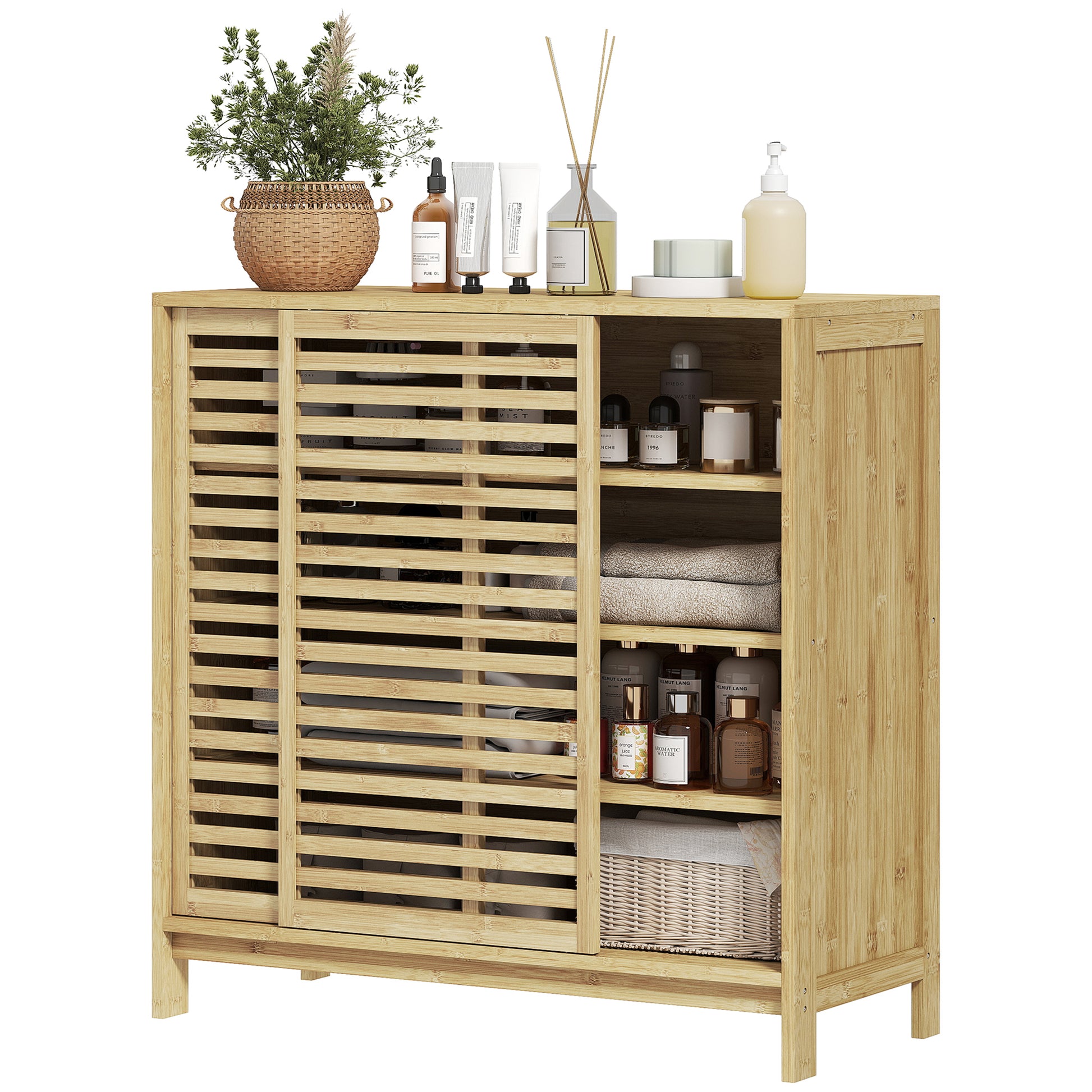 Bamboo Bathroom Cabinet Bathroom Furniture with 2 Sliding Doors Slat Design 4 Shelves Storage Cabinet for Kitchen Living Room 80x34x80 cm Natural