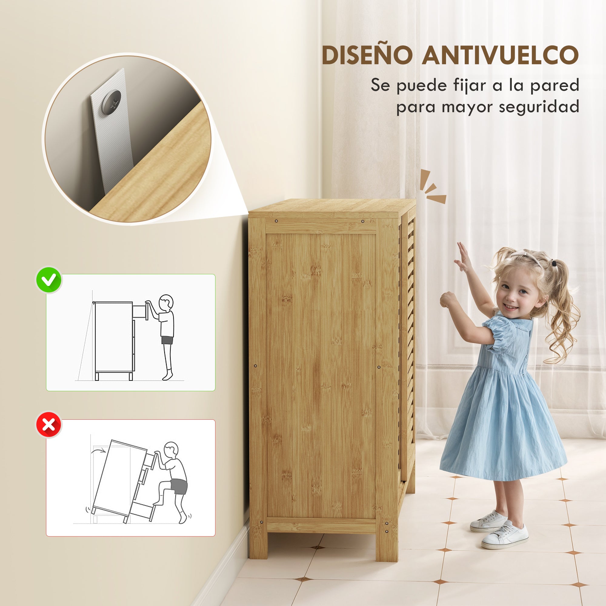 Bamboo Bathroom Cabinet Bathroom Furniture with 2 Sliding Doors Slat Design 4 Shelves Storage Cabinet for Kitchen Living Room 80x34x80 cm Natural
